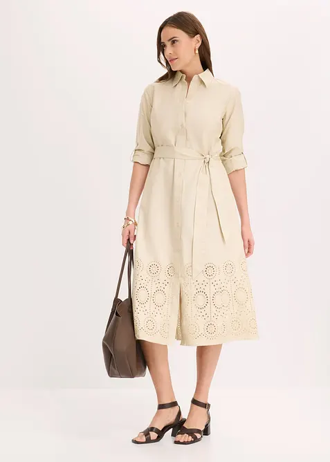Hemdblusenkleid mit Lochstickerei in beige im Look von vorne (Totalaufnahme) - bonprix