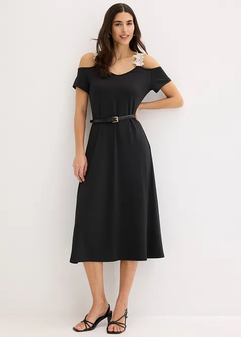 Jerseykleid mit Häkelspitze in schwarz im Look von vorne (Totalaufnahme) - bonprix