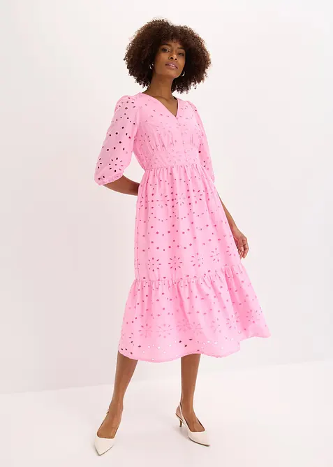 Lochstickerei-Midikleid aus reiner Baumwolle in rosa von vorne (Totalaufnahme) - bonprix