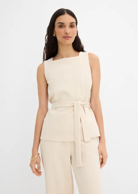 Top aus Piqué mit Bindeband in beige von vorne (im Anschnitt) - bonprix