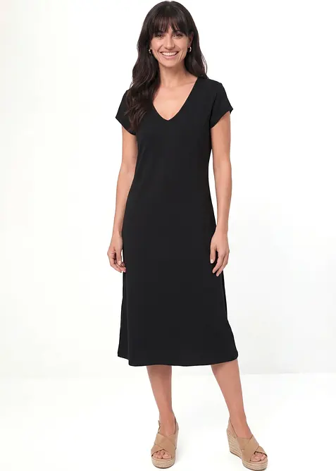 Shirtkleid aus elastischem Baumwoll-Mix in schwarz im Look von vorne (Totalaufnahme) - bonprix
