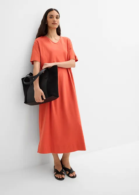 Hemdblusenkleid aus elastischem Baumwoll-Mix in rot im Look von vorne (Totalaufnahme) - bonprix