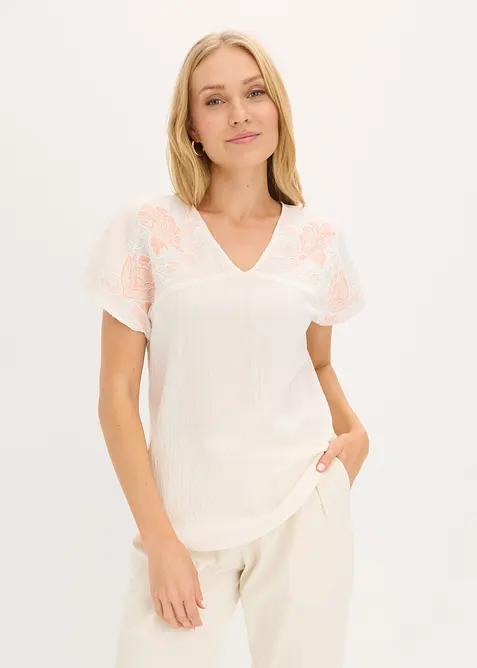 Bluse mit Blumen-Stickerei in weiß von vorne (im Anschnitt) - bonprix