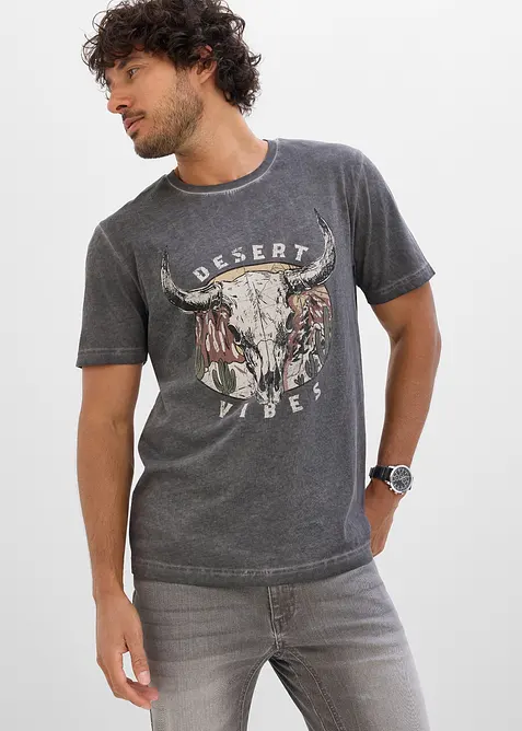 T-Shirt in gewaschener Optik aus reiner Bio-Baumwolle in grau von vorne (im Anschnitt) - bonprix