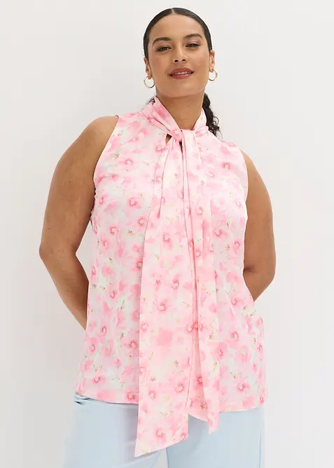 Schlupfbluse aus glänzendem Satin mit Bindedetail in rosa von vorne (im Anschnitt) - bonprix