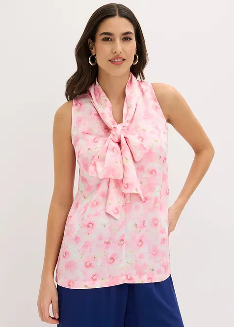 Schlupfbluse aus glänzendem Satin mit Bindedetail in rosa von vorne (im Anschnitt) - bonprix