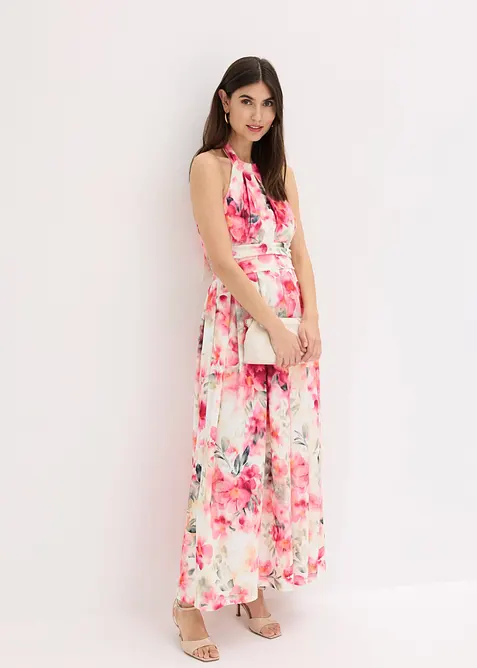 Neckholder-Kleid aus strukturiertem Crepe in weiß im Look von vorne (Totalaufnahme) - bonprix