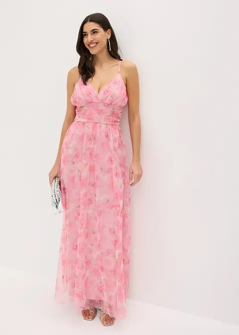 Maxikleid aus zartem Tüll mit Drapierung in weiß im Look von vorne (Totalaufnahme) - bonprix