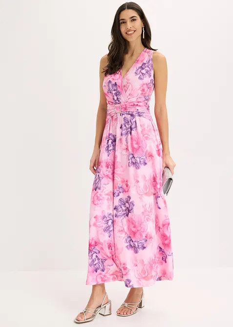 Maxikleid aus feinem Jersey mit Accessoir-Detail in rosa im Look von vorne (Totalaufnahme) - bonprix