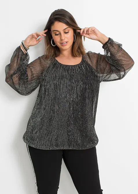 Shirt in funkelnder Plissee-Optik in schwarz von vorne (im Anschnitt) - bonprix