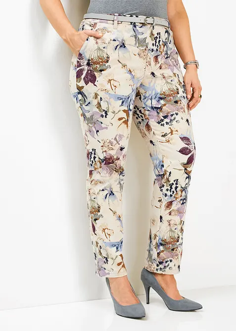 Stretch-Hose mit Blumen-Print in beige von vorne - bonprix
