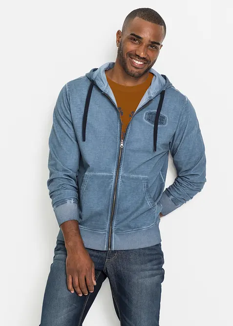 Kapuzen-Sweatjacke aus reiner Baumwolle in blau von vorne (im Anschnitt) - bonprix