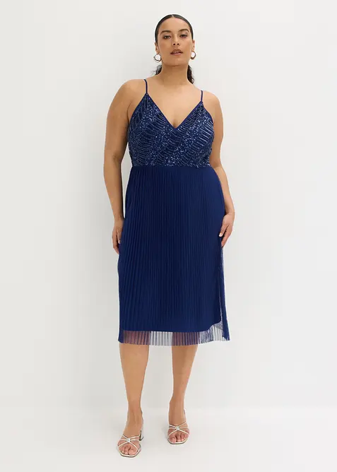 Midikleid mit Plissee-Rock und Paillettenstickerei in blau von vorne (Totalaufnahme) - bonprix