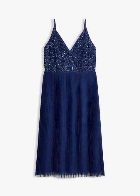 Midikleid mit Plissee-Rock und Paillettenstickerei in blau von vorne - bonprix