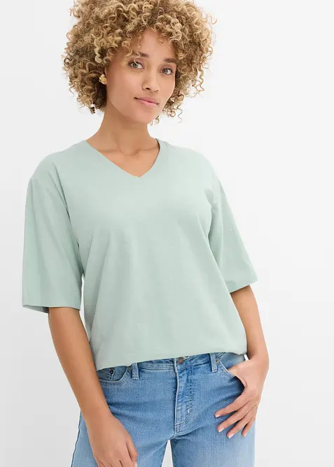 Flammgarn-Boxy-Shirt aus reiner Bio-Baumwolle (2er Pack) in schwarz von vorne (im Anschnitt) - bonprix