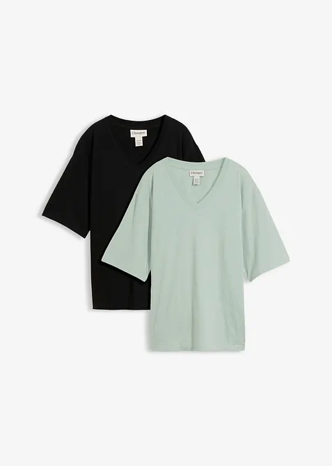 Flammgarn-Boxy-Shirt aus reiner Bio-Baumwolle (2er Pack) in schwarz von vorne - bonprix