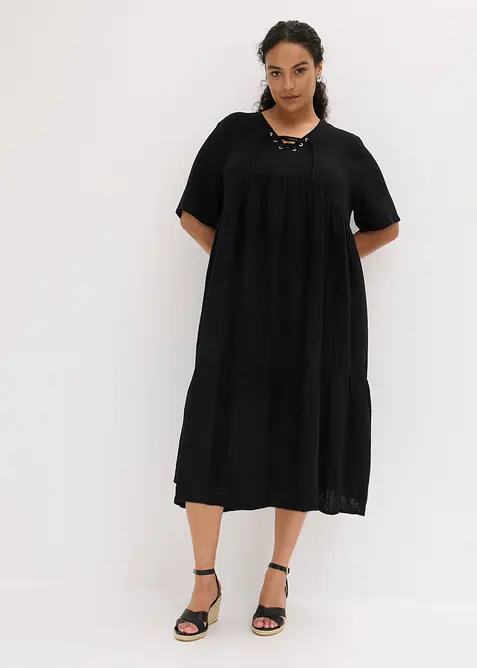 Midikleid aus strukturiertem Musselin in schwarz von vorne (Totalaufnahme) - bonprix