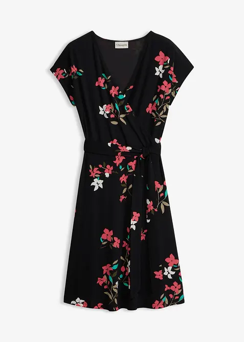 Jerseykleid in Wickeloptik in schwarz von vorne - bonprix