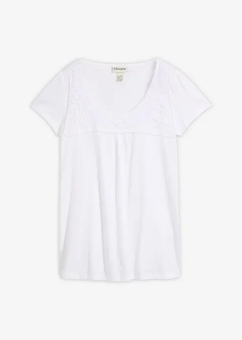 Baumwoll Shirt mit Spitze, Kurzarm in weiß von vorne - bonprix