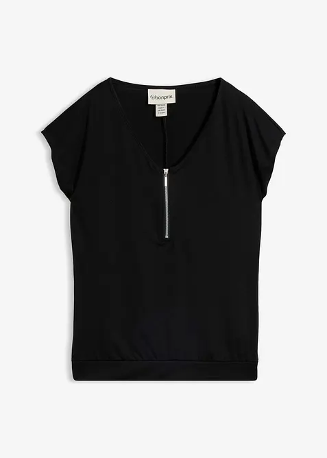 Shirt mit Reißverschluss, Kurzarm in schwarz von vorne - bonprix