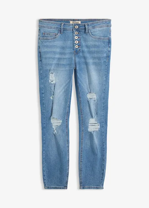 Skinny-Jeans, Mid Waist, Destroyed in blau von vorne - bonprix
