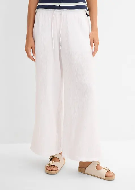 Musselin-Palazzo-Hose aus reiner Baumwolle in weiß von vorne - bonprix