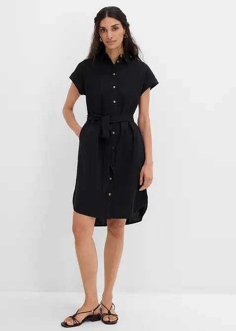 Hemdblusenkleid mit Leinenanteil und Bindegürtel in schwarz von vorne (Totalaufnahme) - bonprix