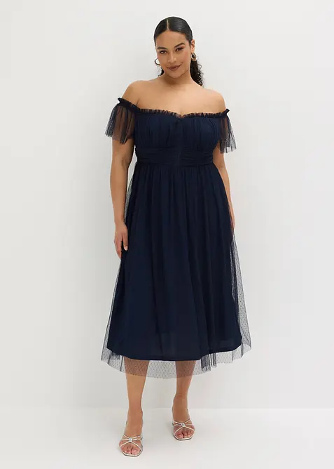 Maxikleid aus zartem Tüll in blau von vorne (Totalaufnahme) - bonprix