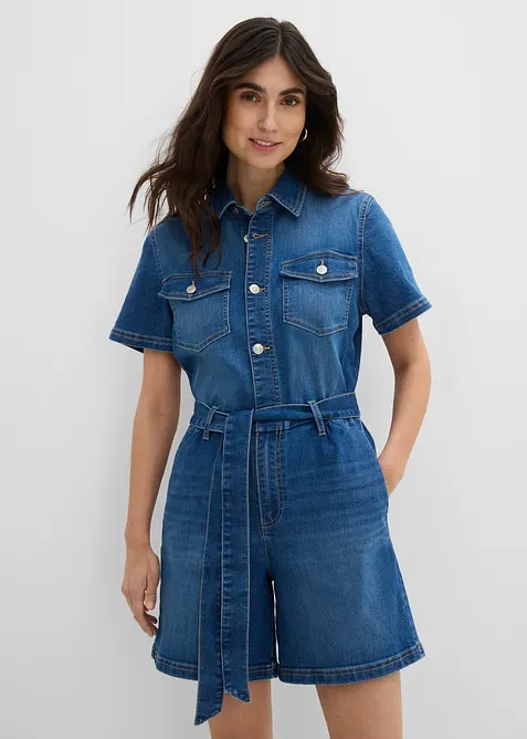 Jeans-Overall Kurzarm in blau von vorne (Totalaufnahme) - bonprix