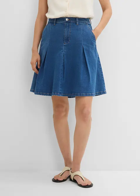 Jeansrock Mid Waist, Falten in blau von vorne - bonprix