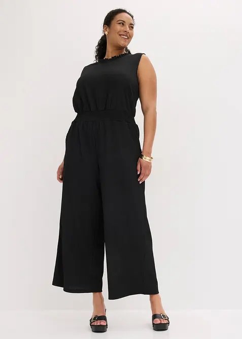 Jersey-Jumpsuit aus strukturiertem Crêpe in schwarz von vorne (Totalaufnahme) - bonprix