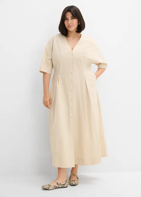 Midikleid aus reiner Baumwolle in beige von vorne (Totalaufnahme) - bonprix