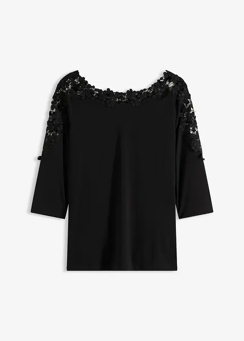 Shirt mit Häkeleinsatz und kurzem Arm in schwarz von vorne - bonprix