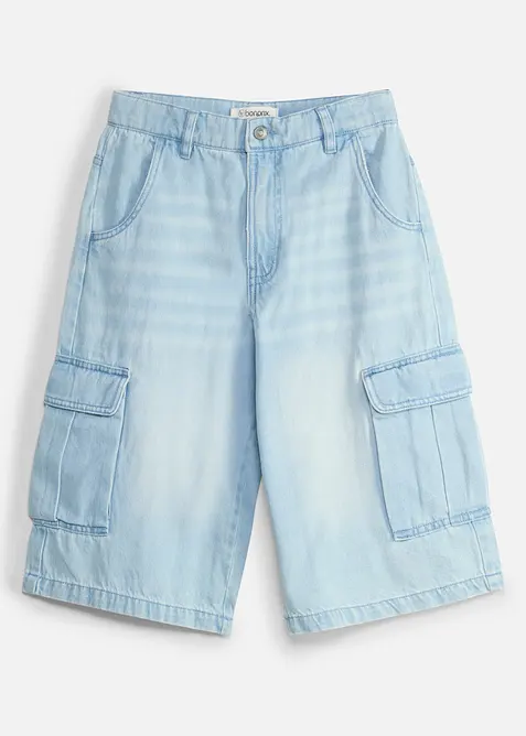 Long-Cargo-Jeansbermuda mit verstellbarem Bund, Baggy Fit in blau von vorne - bonprix