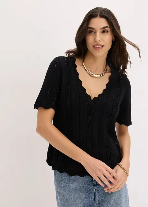 Strickshirt mit tiefem Ausschnitt in schwarz von vorne (im Anschnitt) - bonprix