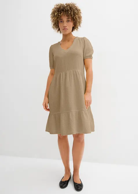 Musselin-Oversize-Kleid aus reiner Baumwolle in beige von vorne (Totalaufnahme) - bonprix
