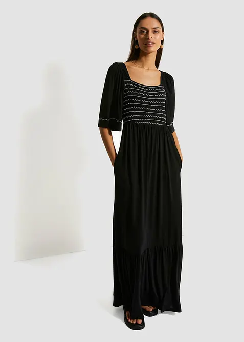 Maxikleid aus fließendem Viskose-Mix in schwarz von vorne (Totalaufnahme) - bonprix