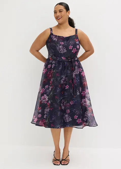 Midikleid aus zartem Tüll mit Bindeband in weiß von vorne (Totalaufnahme) - bonprix