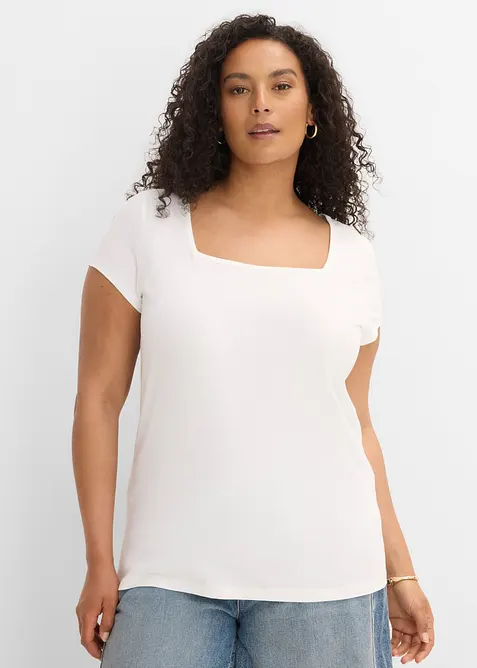 Kurzarmshirt mit Karree-Ausschnitt in weiß von vorne (im Anschnitt) - bonprix