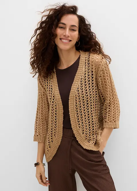 Ajour-Strickjacke mit Pailletten in beige von vorne (im Anschnitt) - bonprix
