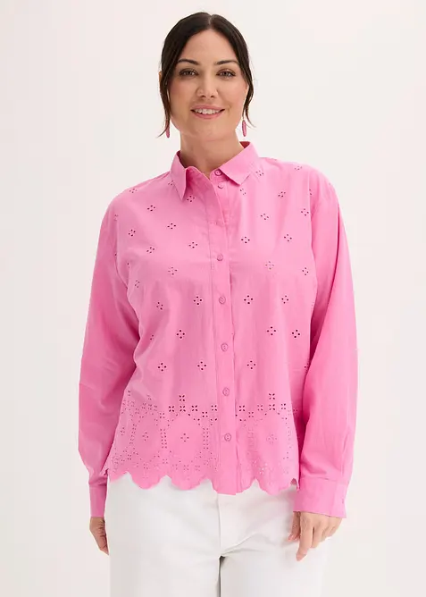Lochstickerei-Bluse aus reiner Bio-Baumwolle in pink von vorne (im Anschnitt) - bonprix