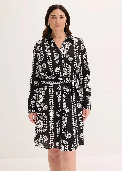 Hemdblusenkleid in Leinen-Optik in schwarz von vorne (Totalaufnahme) - bonprix
