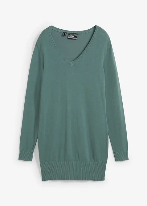 Feinstrick Longpullover mit V-Ausschnitt in grün von vorne - bonprix