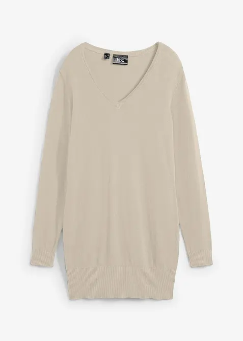 Feinstrick Longpullover mit V-Ausschnitt in beige von vorne - bonprix