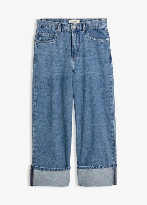 Wide-Leg-Jeans Mid Waist, cropped in blau von vorne - bonprix