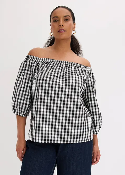 Carmenbluse aus reiner Baumwolle in schwarz von vorne (im Anschnitt) - bonprix