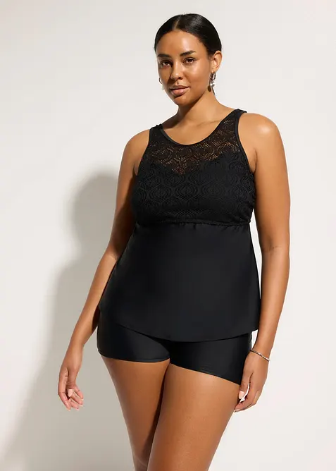 Tankini mit Spitze (2-tlg.Set) in schwarz von vorne (Totalaufnahme) - bonprix