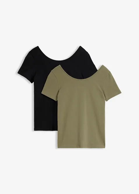 T-Shirt mit tiefem Rückenausschnitt (2er Pack) in schwarz von vorne - bonprix