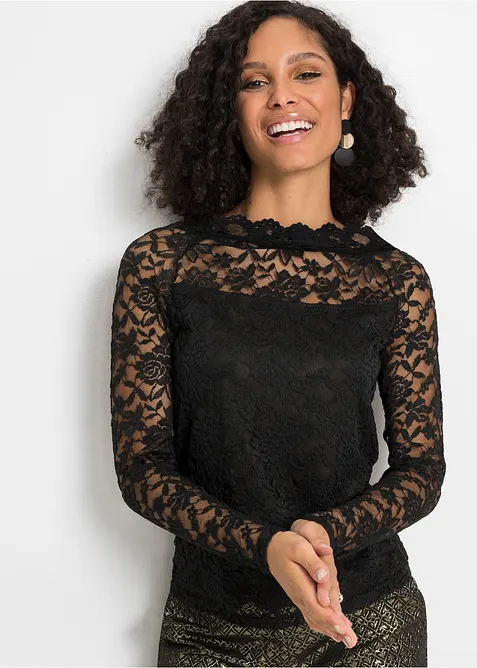 Langarmshirt mit Spitze in schwarz von vorne (im Anschnitt) - bonprix