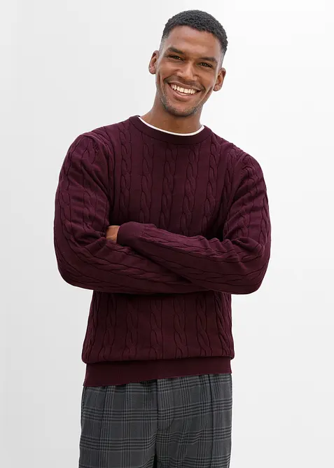 Feinstrickpullover mit Zopfmuster in rot von vorne (im Anschnitt) - bonprix